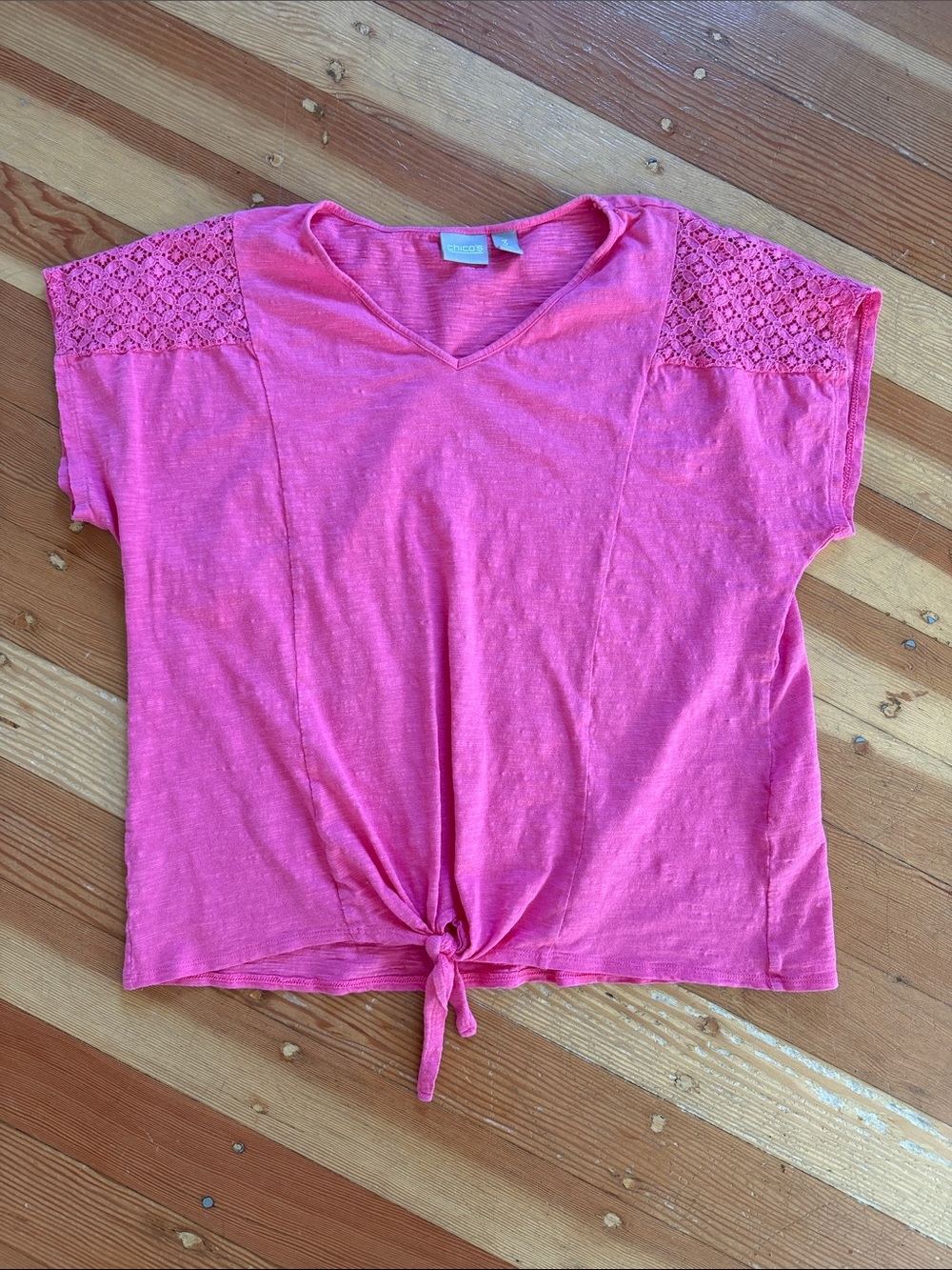 Chicos Short Sleeve Tie Front Tee Size 3